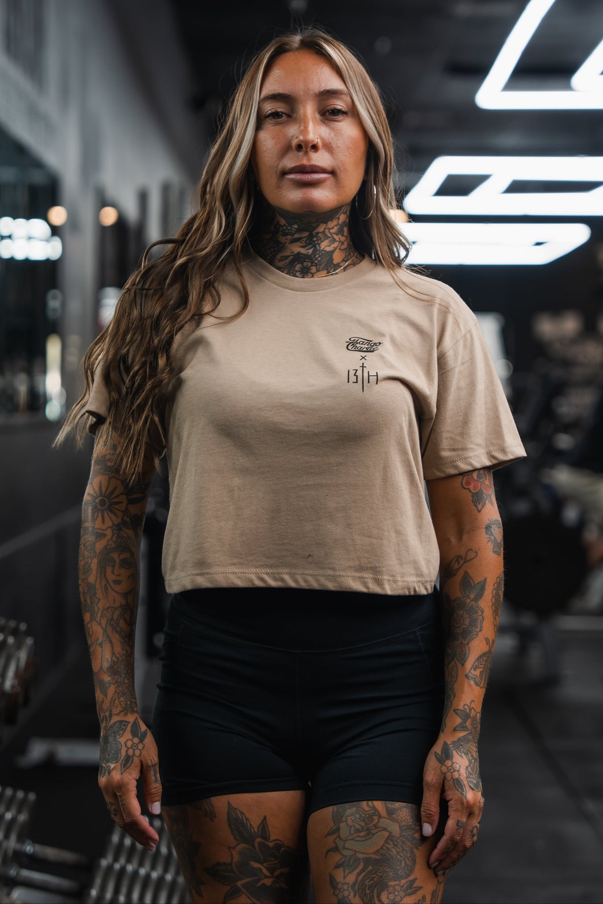 Lift Heavy. Pray Hard. - Sand Women's Crop Tee by Tango Charlie Apparel