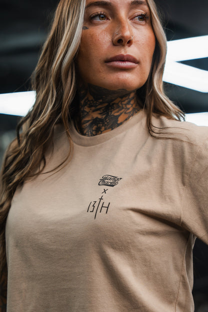 Lift Heavy. Pray Hard. - Sand Women's Crop Tee by Tango Charlie Apparel