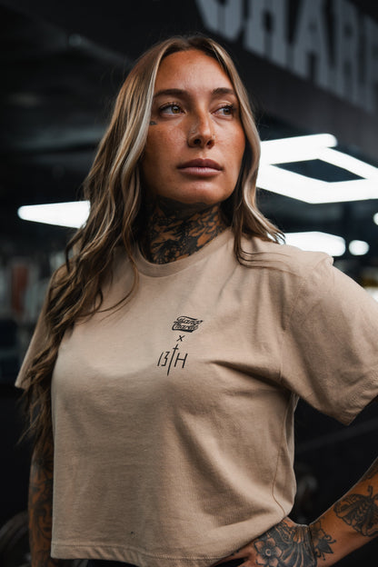 Lift Heavy. Pray Hard. - Sand Women's Crop Tee by Tango Charlie Apparel