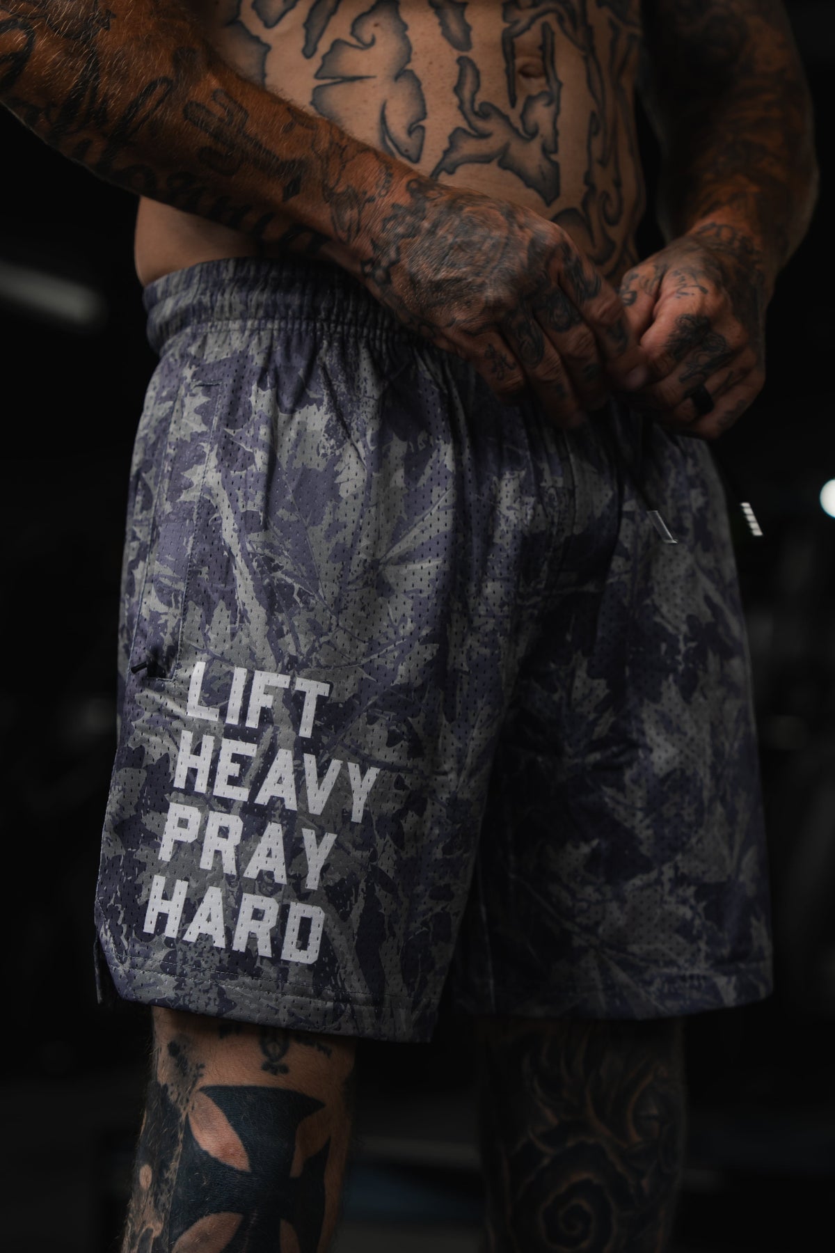 Men's Mesh Lifestyle Shorts | 5.5"- Lift Heavy Pray Hard Deadwood by Tango Charlie Apparel