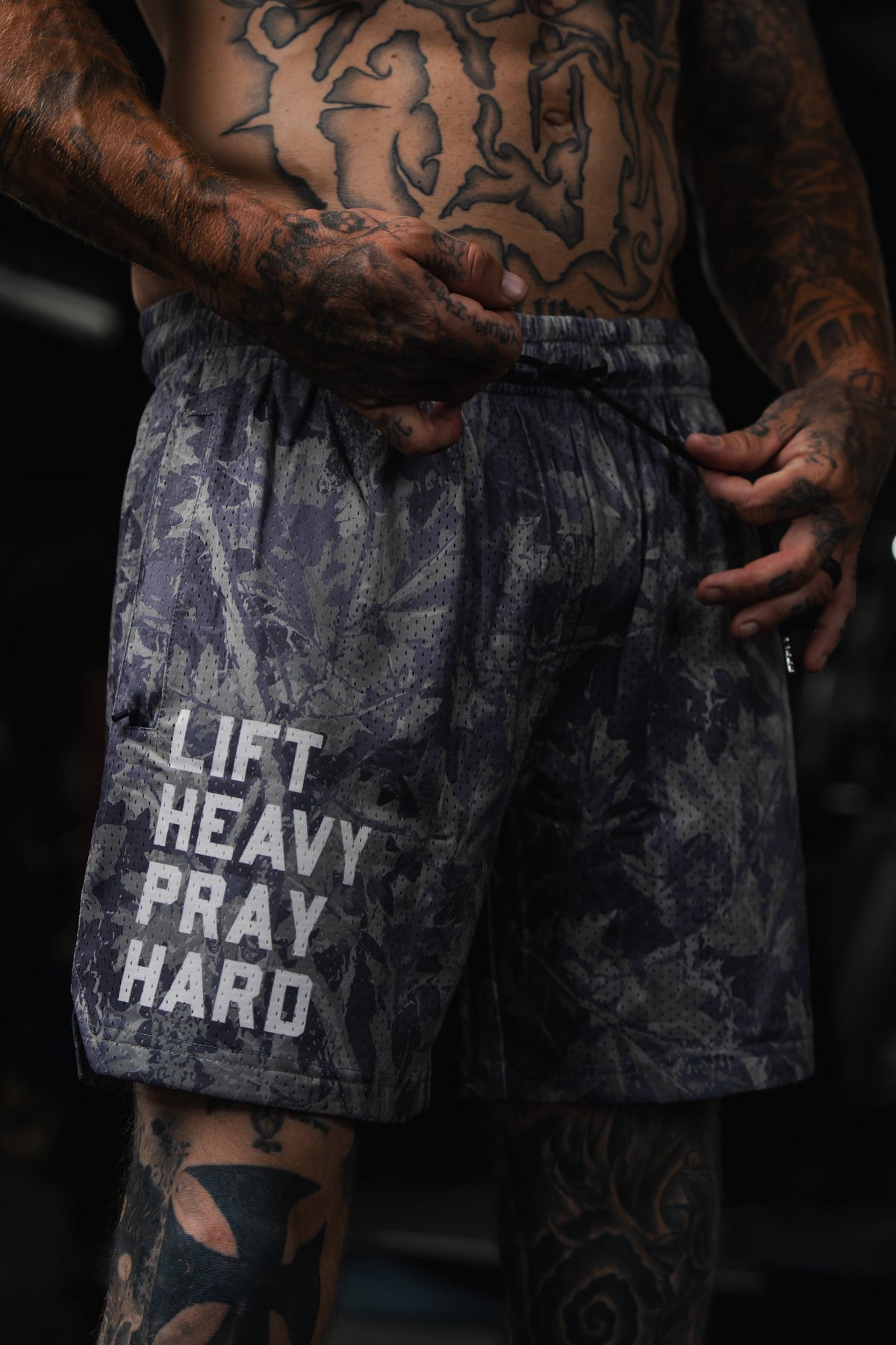 Men's Mesh Lifestyle Shorts | 5.5"- Lift Heavy Pray Hard Deadwood by Tango Charlie Apparel