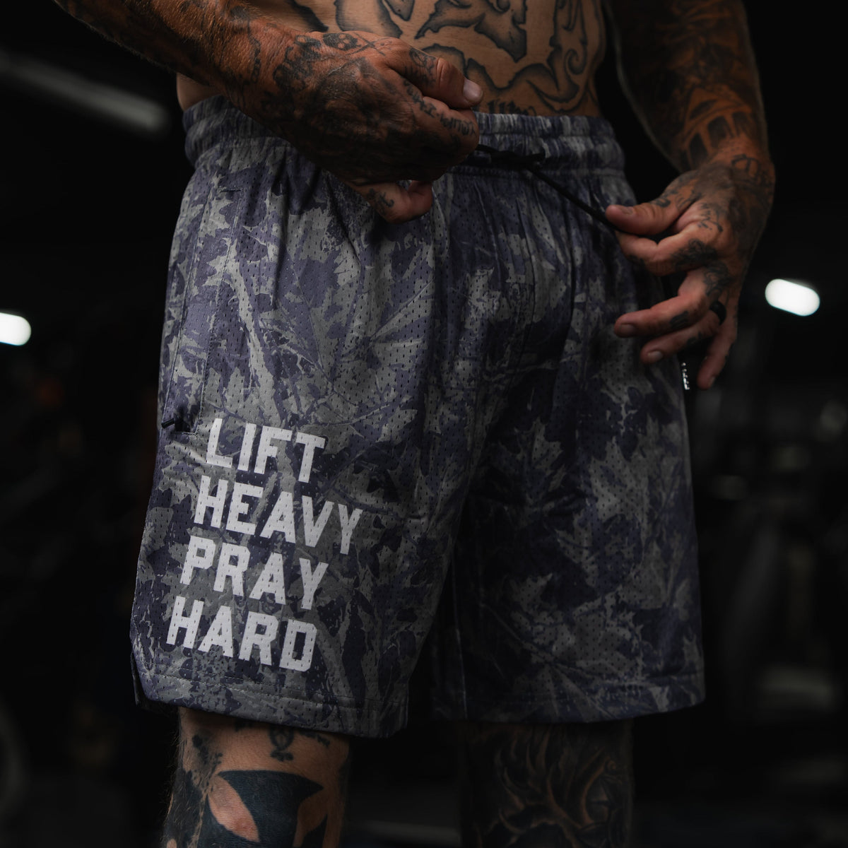 Men's Mesh Lifestyle Shorts | 5.5"- Lift Heavy Pray Hard Deadwood by Tango Charlie Apparel