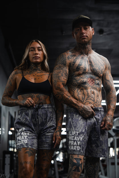 Men's Mesh Lifestyle Shorts | 5.5"- Lift Heavy Pray Hard Deadwood by Tango Charlie Apparel