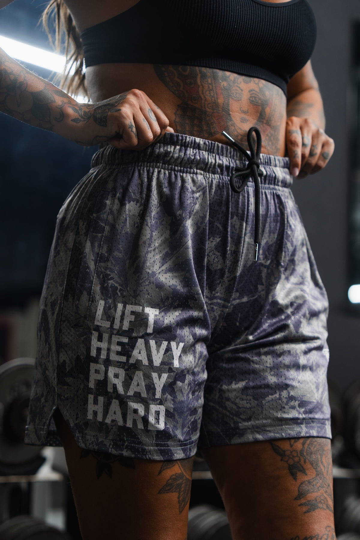 Men's Mesh Lifestyle Shorts | 5.5"- Lift Heavy Pray Hard Deadwood by Tango Charlie Apparel