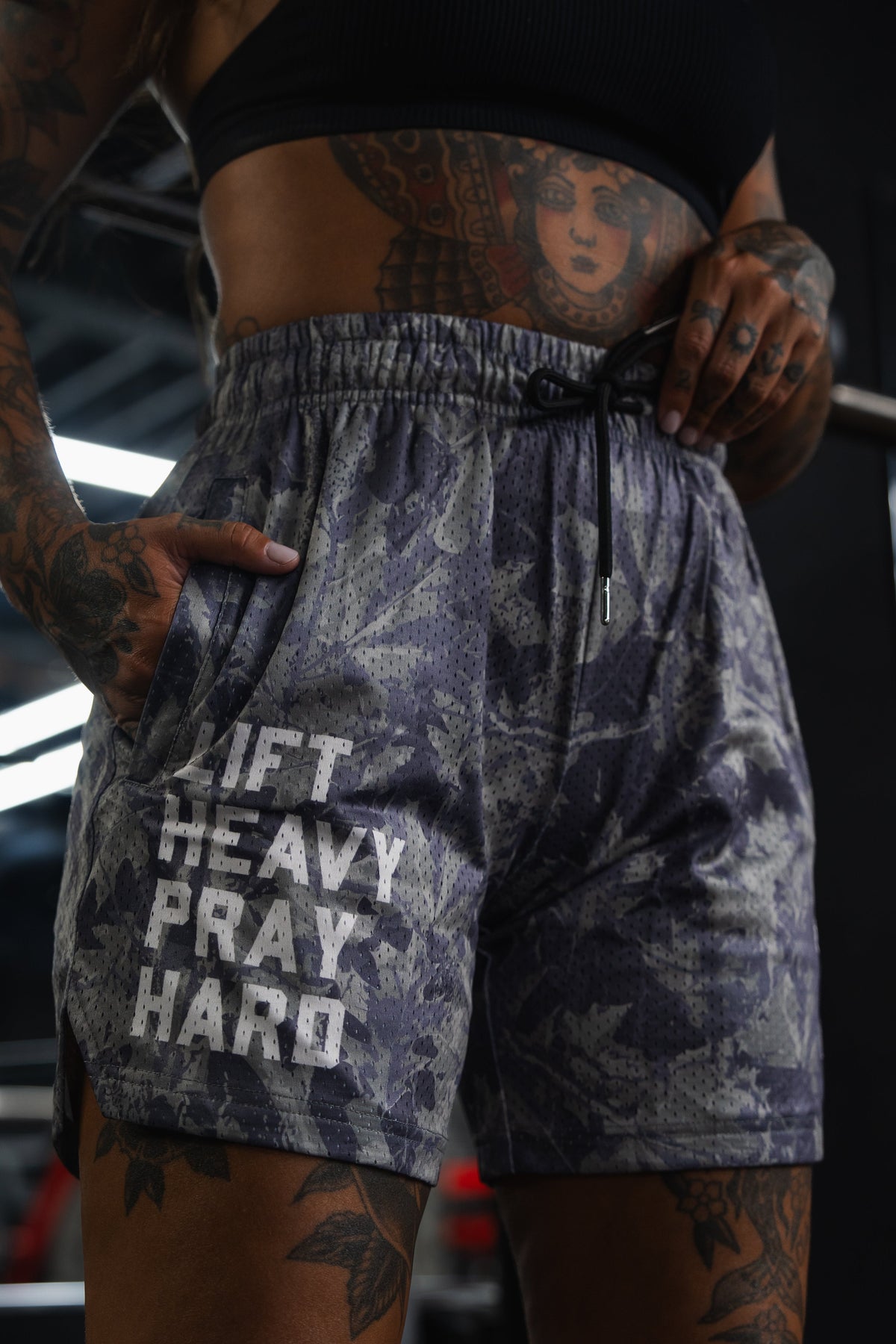 Men's Mesh Lifestyle Shorts | 5.5"- Lift Heavy Pray Hard Deadwood by Tango Charlie Apparel