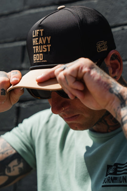 Lift Heavy. Trust God. Hydro - Black Snapback Hat by Tango Charlie Apparel