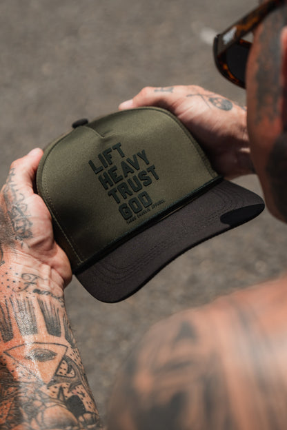 Lift Heavy. Trust God. Hydro - OD Green Snapback Hat by Tango Charlie Apparel
