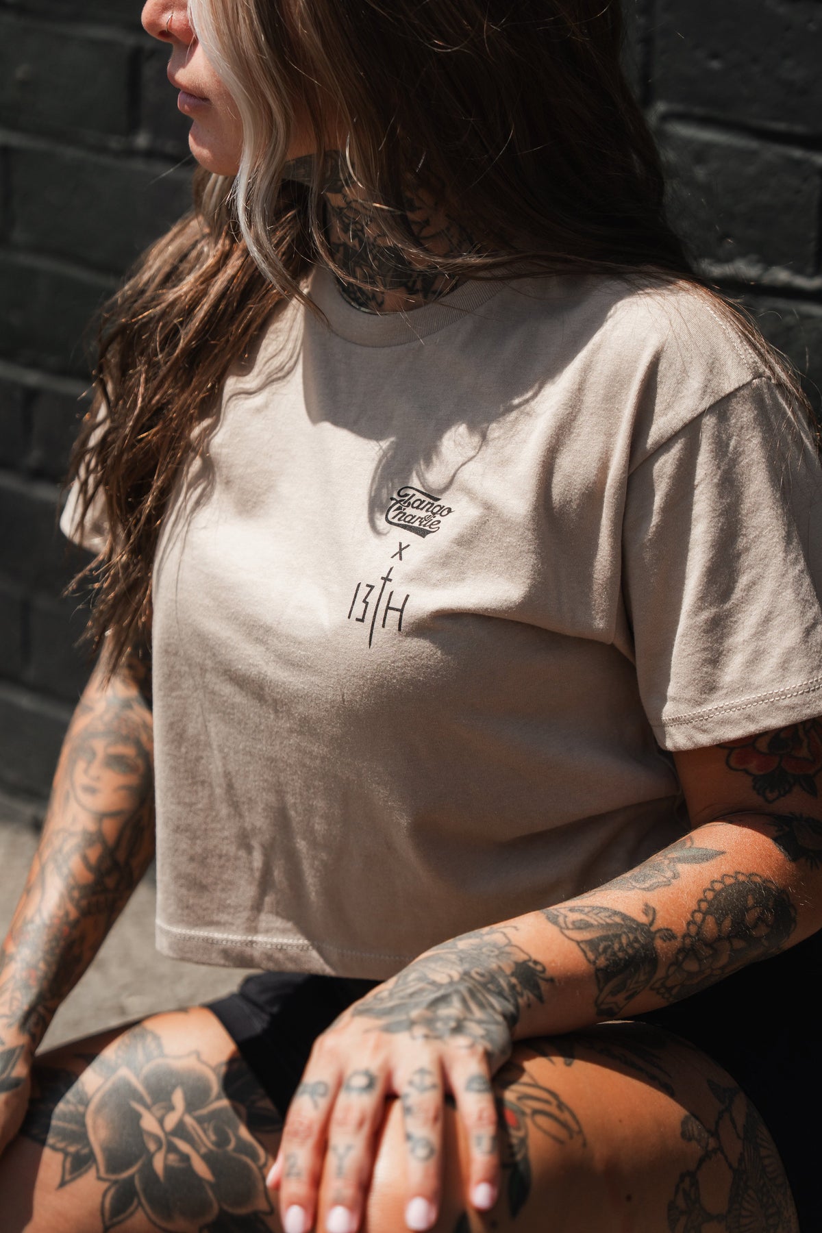 Lift Heavy. Pray Hard. - Sand Women's Crop Tee by Tango Charlie Apparel
