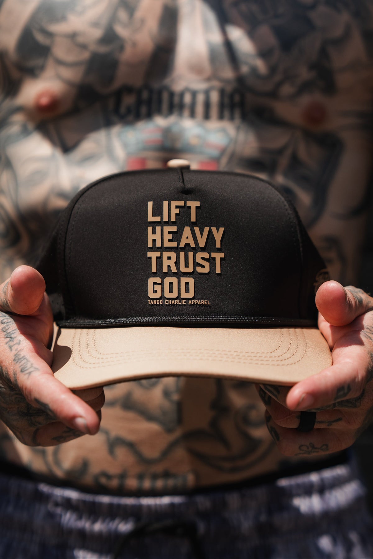 Lift Heavy. Trust God. Hydro - Black Snapback Hat by Tango Charlie Apparel