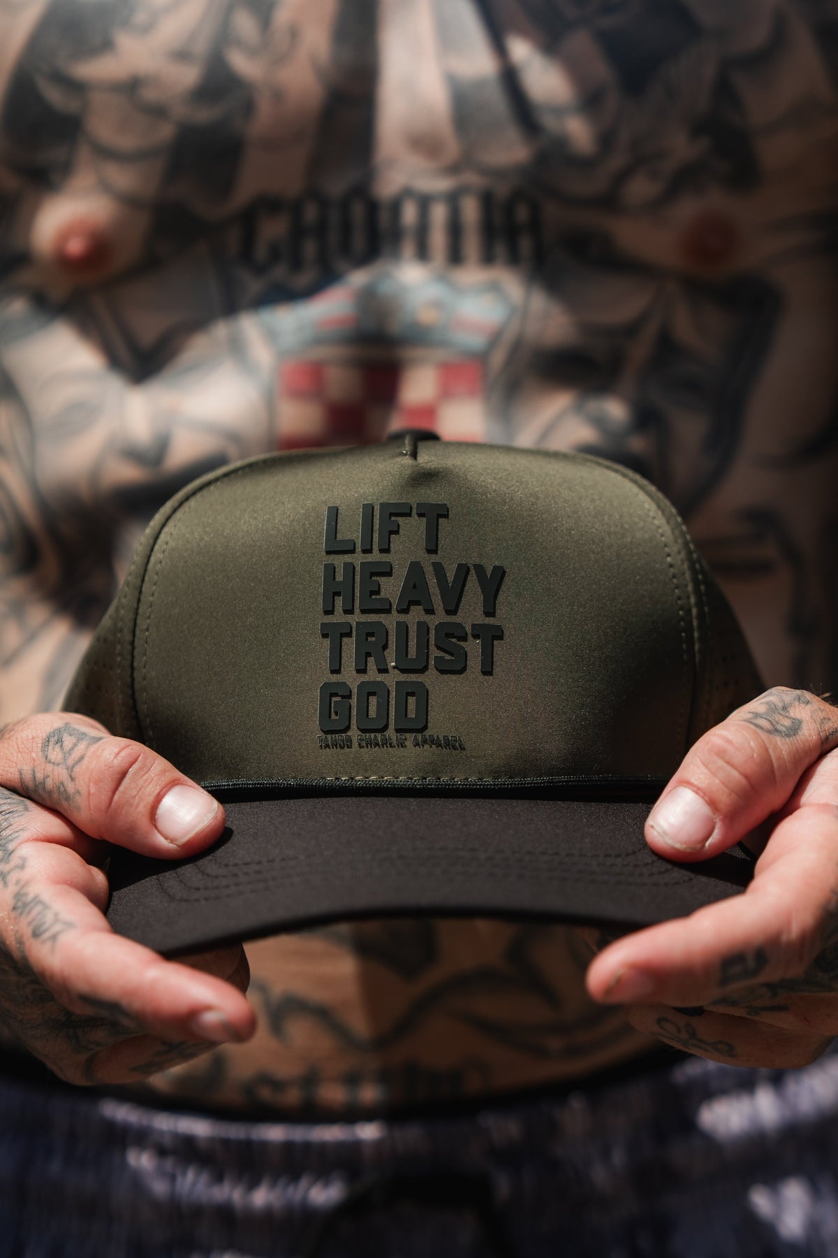 Lift Heavy. Trust God. Hydro - OD Green Snapback Hat by Tango Charlie Apparel