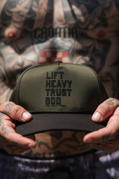 Lift Heavy. Trust God. Hydro - OD Green Snapback Hat by Tango Charlie Apparel