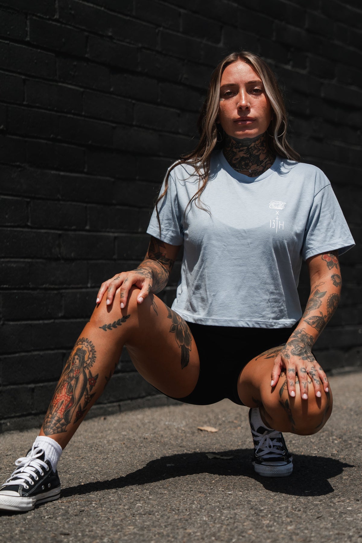 Lift Heavy. Pray Hard. - Baby Blue Women's Crop Tee by Tango Charlie Apparel