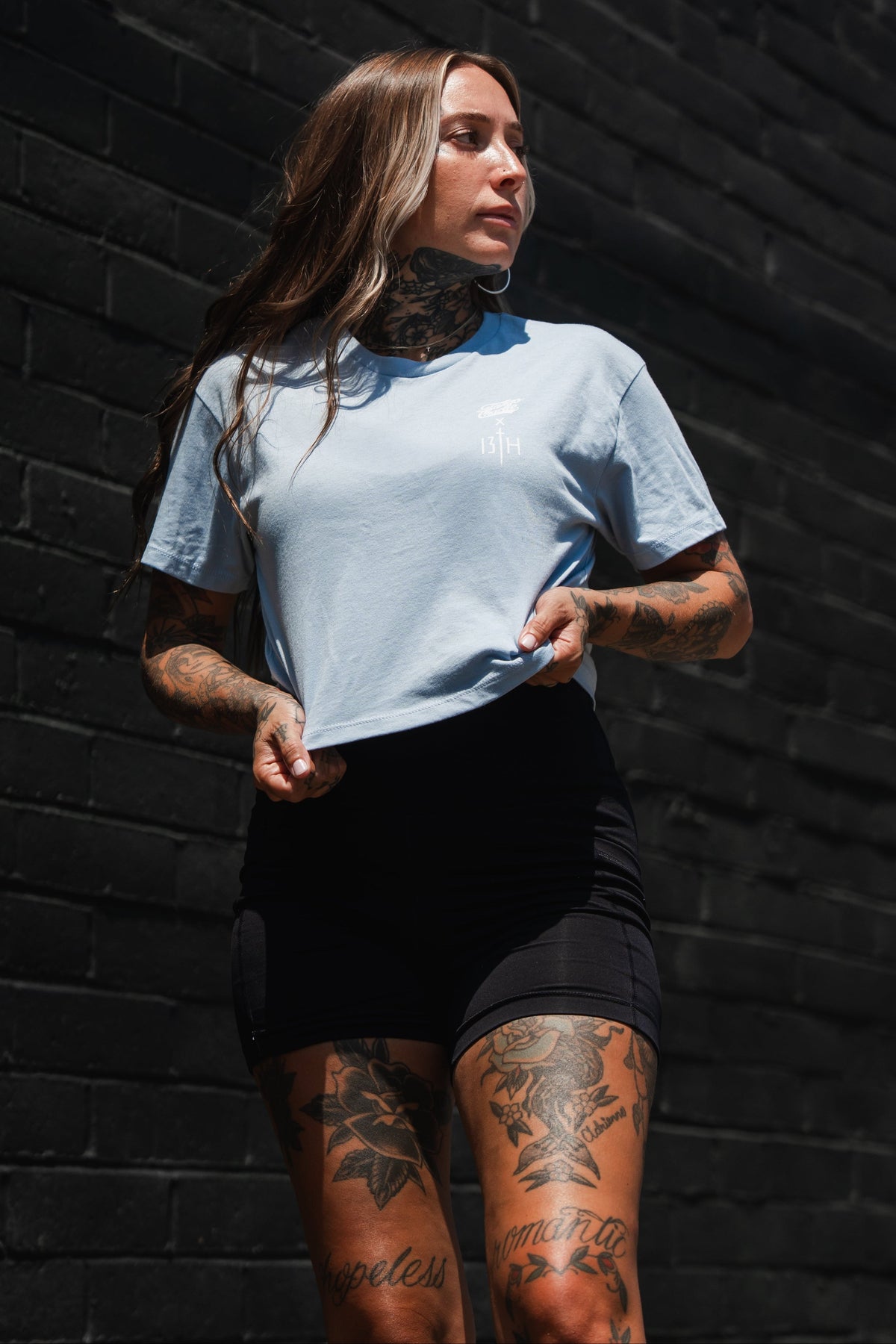 Lift Heavy. Pray Hard. - Baby Blue Women's Crop Tee by Tango Charlie Apparel