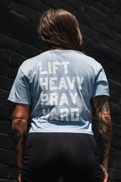 Lift Heavy. Pray Hard. - Baby Blue Women's Crop Tee by Tango Charlie Apparel