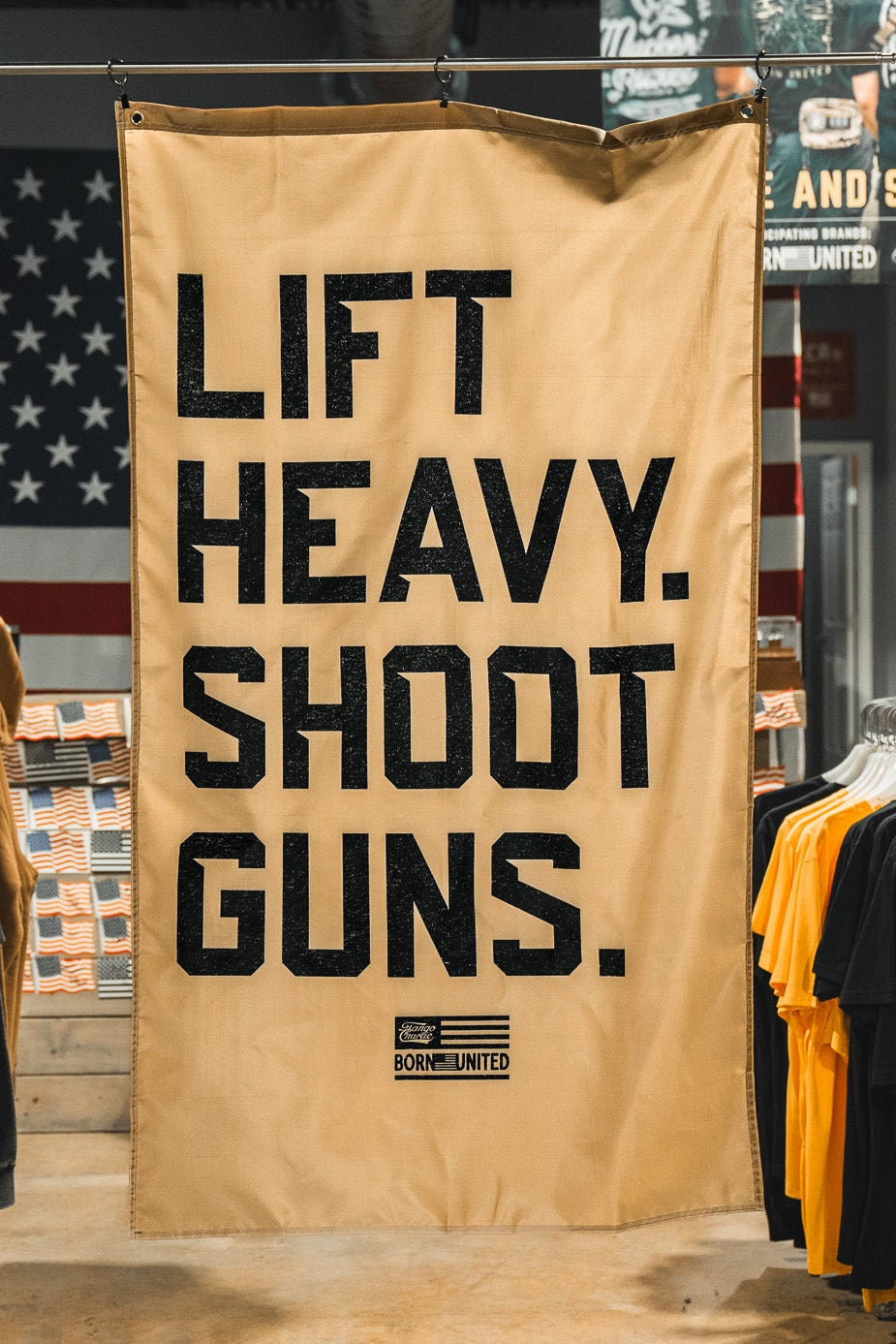 Lift heavy. Shoot Guns. - Flag by Tango Charlie Apparel