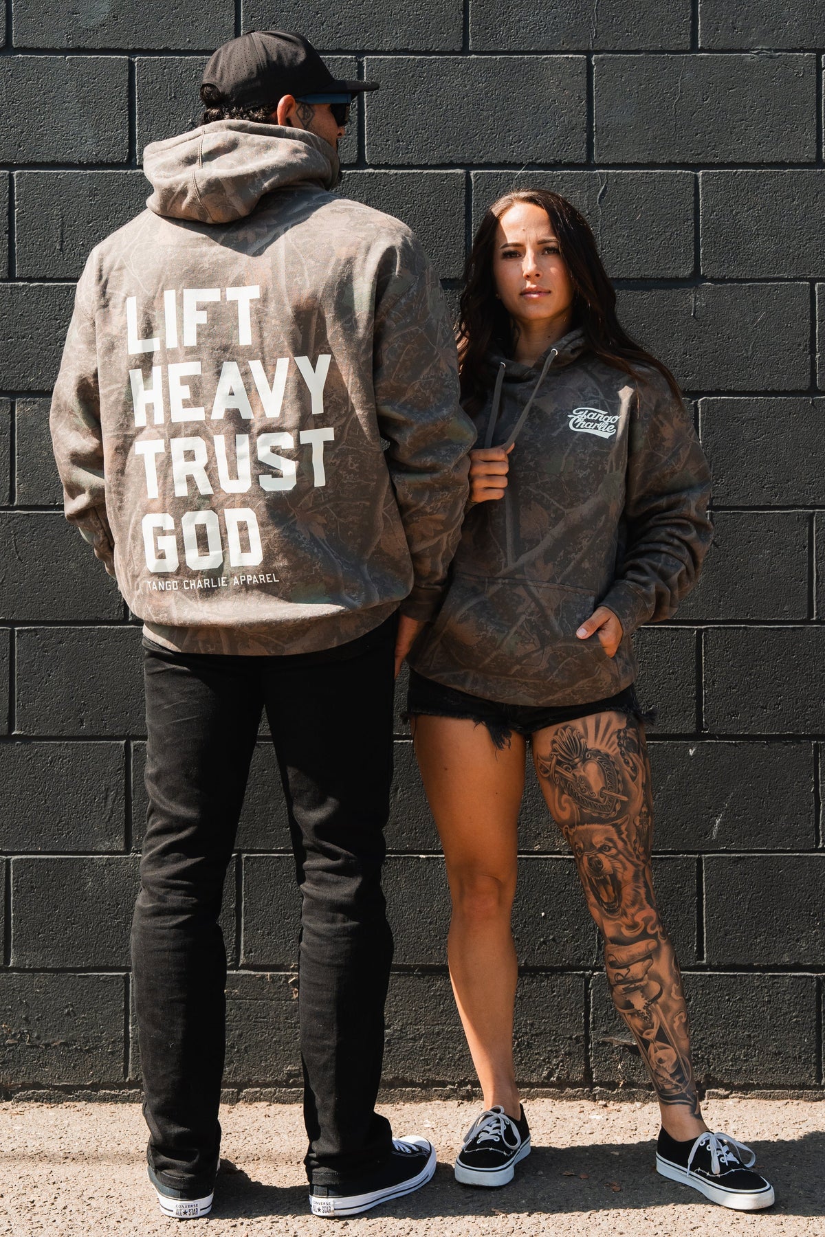 Lift Heavy. Trust God. - Premium Darkwood Camo Hoodie by Tango Charlie Apparel
