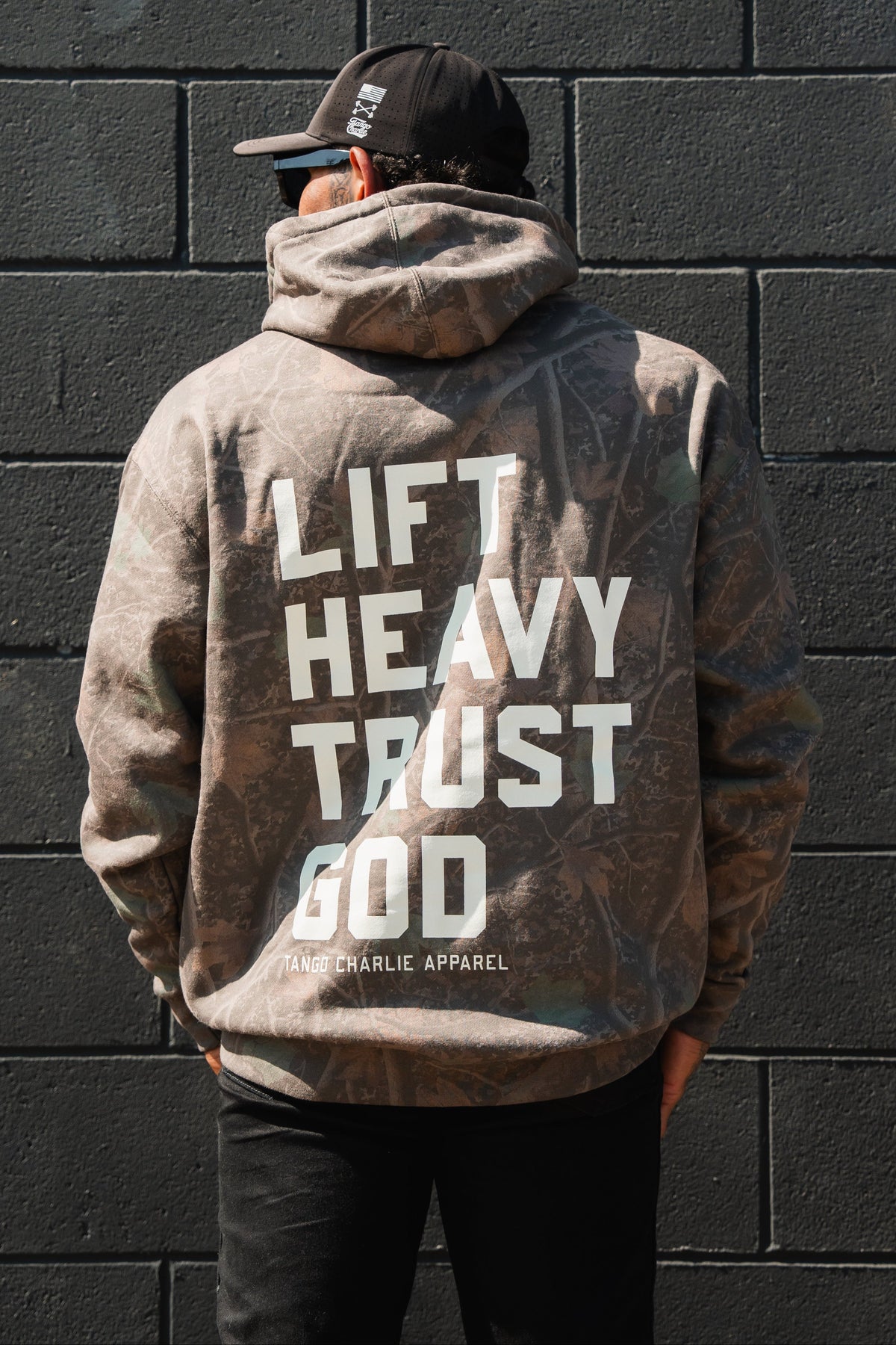 Lift Heavy. Trust God. - Premium Darkwood Camo Hoodie by Tango Charlie Apparel