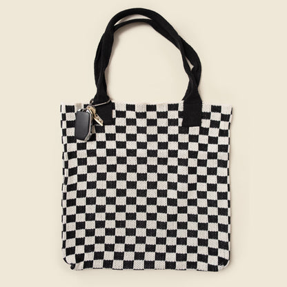 Black Checkered Tote Bag - Washable Cotton Knit with Key Ring by CASUPO