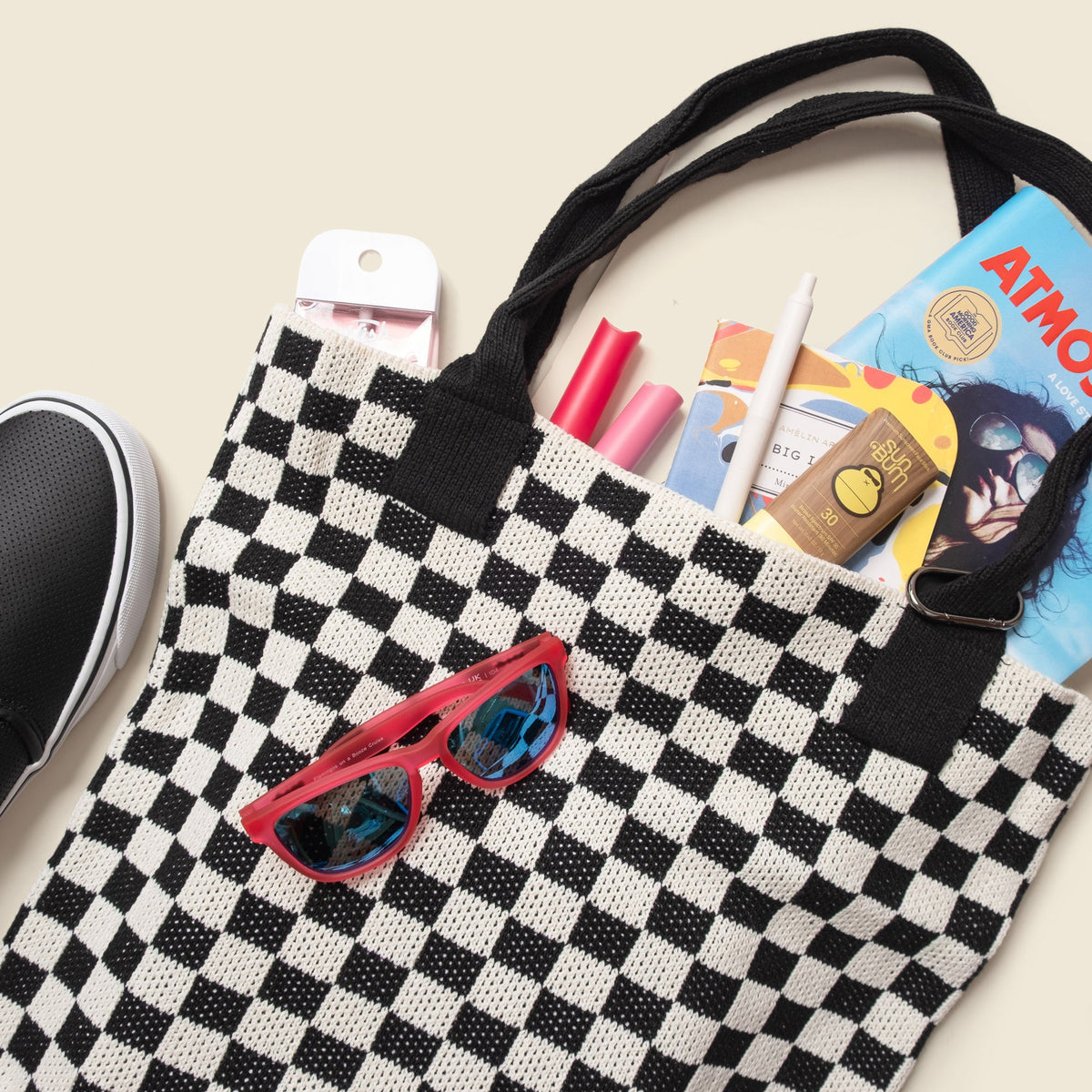 Black Checkered Tote Bag - Washable Cotton Knit with Key Ring by CASUPO