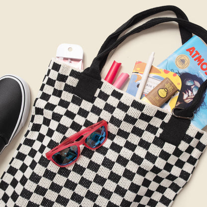 Black Checkered Tote Bag - Washable Cotton Knit with Key Ring by CASUPO