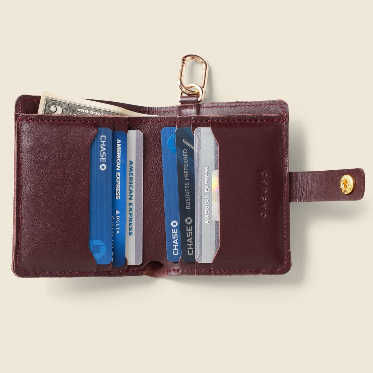 Leather Bifold Wallet with Snap & Key Ring - Burgundy by CASUPO