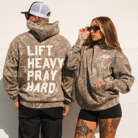 Lift Heavy. Pray Hard. - Premium Deadwood Camo Hoodie by Tango Charlie Apparel