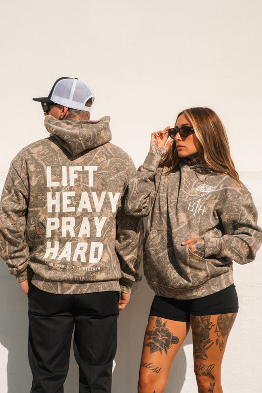 Lift Heavy. Pray Hard. - Premium Deadwood Camo Hoodie by Tango Charlie Apparel
