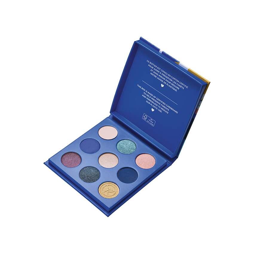 Ocean-inspired 9-color vegan eyeshadow palette in blues, greens and sandy tones by Beauty Care Bag