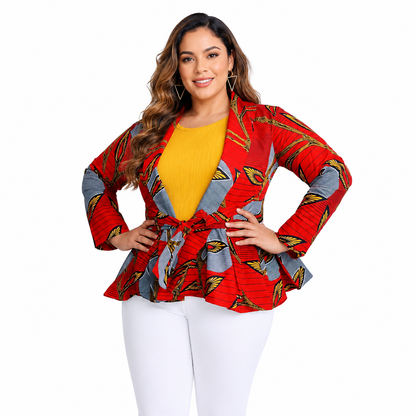 Red African print long sleeve peplum blouse with waist sash
