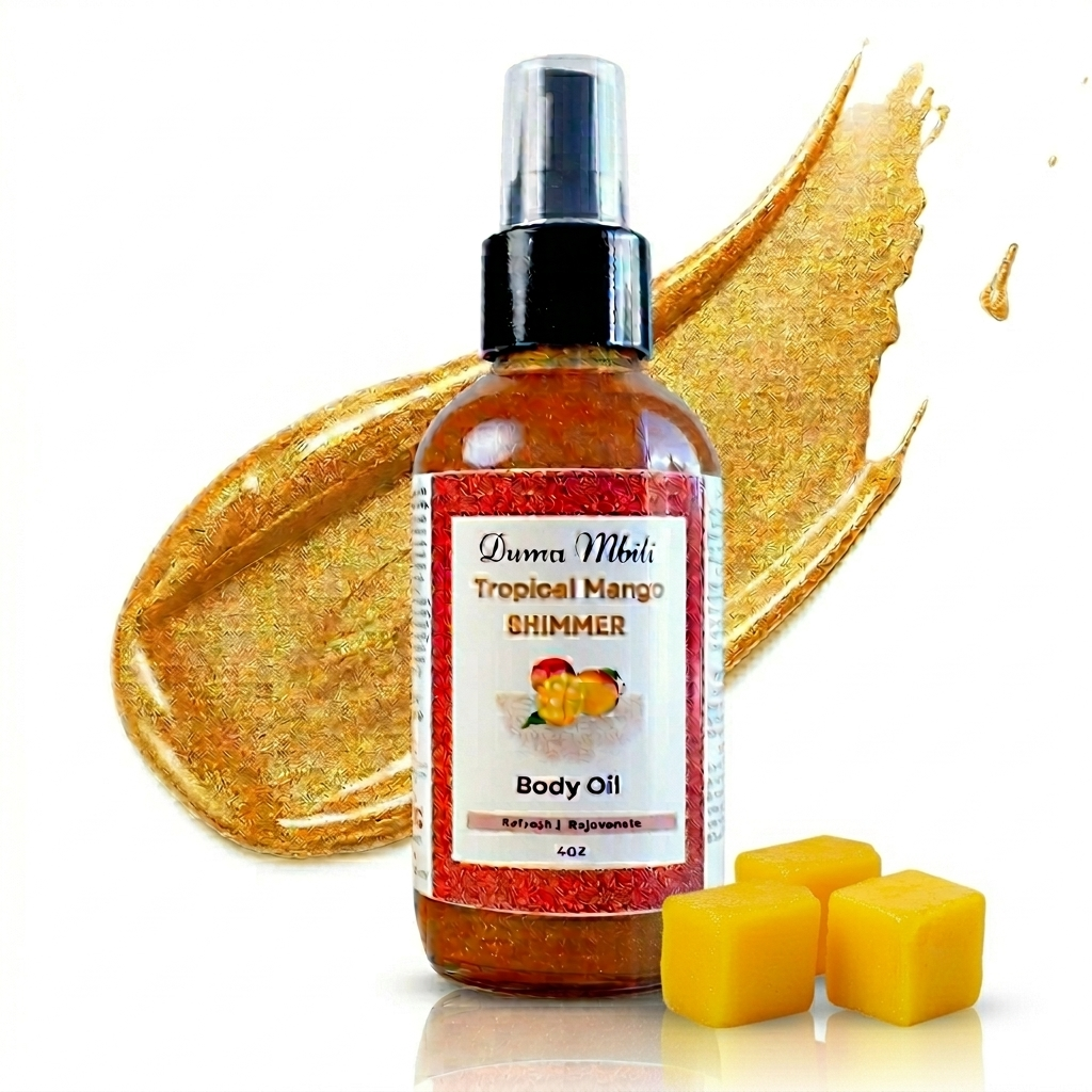 Tropical mango shimmer body oil with shimmering minerals