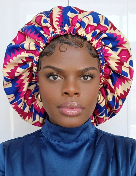 XL reversible Kente African print bonnet with silk lining
