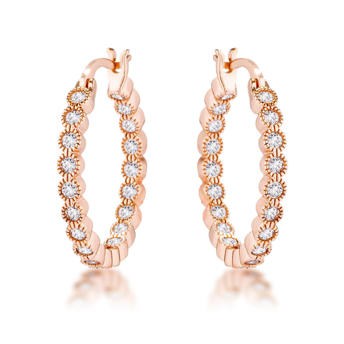 Avera Dotted CZ Round Bezel Hoop Earrings in Pink by Avera Group