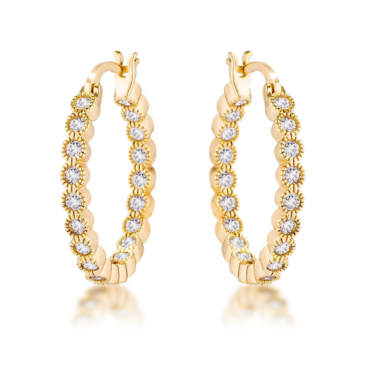 Avera Dotted CZ Round Bezel Hoop Earrings in Pink by Avera Group