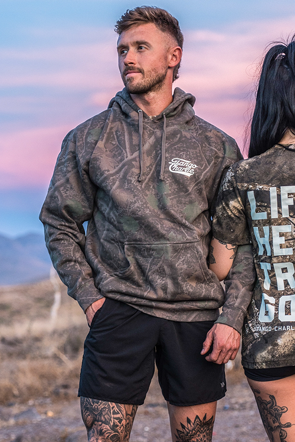 Lift Heavy. Trust God. - Premium Darkwood Camo Hoodie by Tango Charlie Apparel