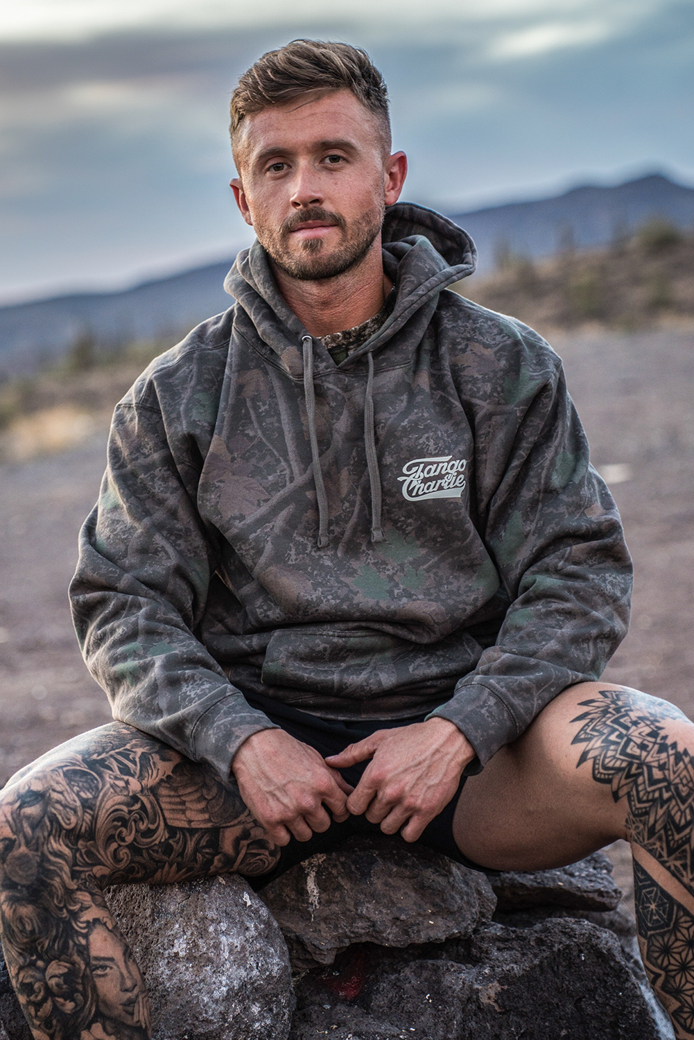 Lift Heavy. Trust God. - Premium Darkwood Camo Hoodie by Tango Charlie Apparel