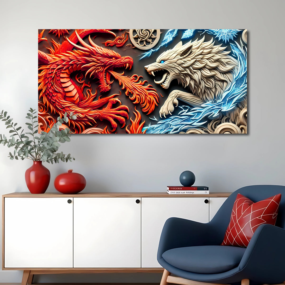 3D Dragon and Wolf Wall Art V canvas by Tailored Canvases shown in a room setting