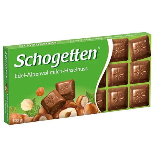 Schogetten Alpine Milk Chocolate Hazelnut Bar - Delicious German Chocolate Candy, Breakable Pieces, Creamy & Crunchy 100g Treat by Beauty Care Bag