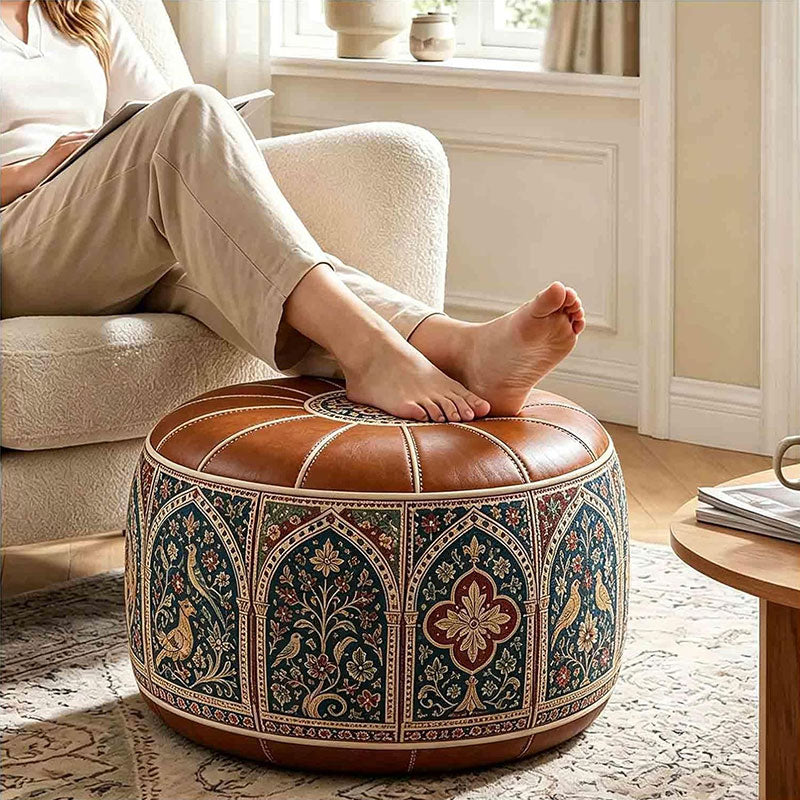 Bohemian ottoman pouf cover with water-resistant PU leather top — cover only; filling not included