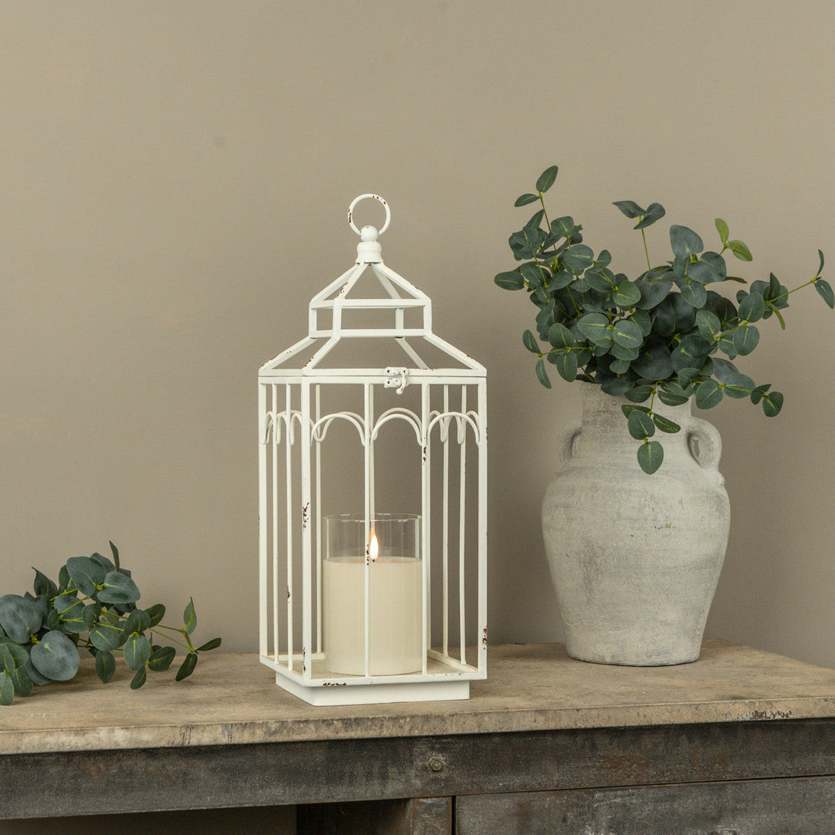 Ashley White Metal Lantern by Rust & Cinder