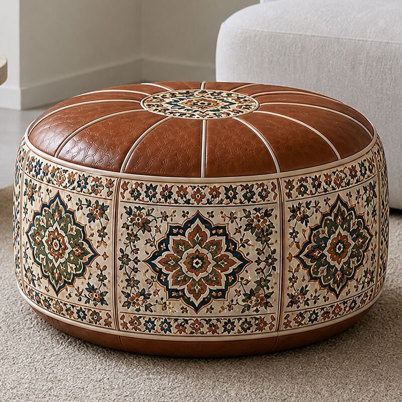Bohemian ottoman pouf cover with water-resistant PU leather top — cover only; filling not included