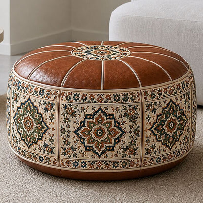 Bohemian ottoman pouf cover with water-resistant PU leather top — cover only; filling not included
