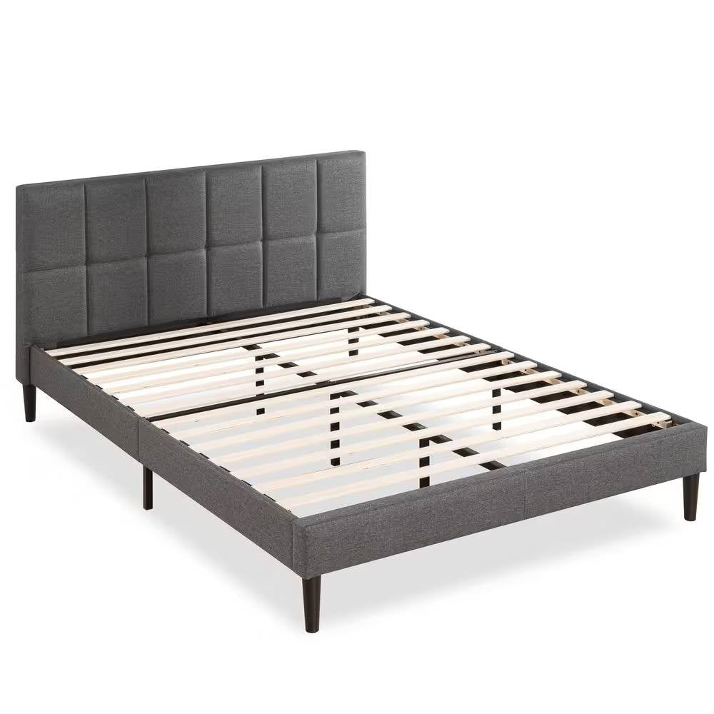 Full size Grey Upholstered Platform Bed Frame with Padded Headboard by HomePacific