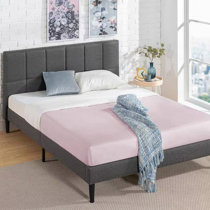Full size Grey Upholstered Platform Bed Frame with Padded Headboard by HomePacific