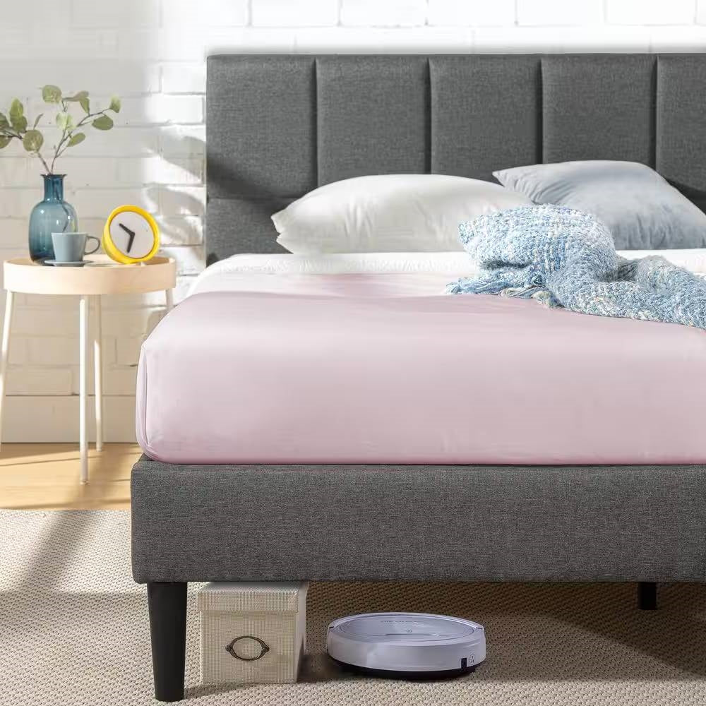 Full size Grey Upholstered Platform Bed Frame with Padded Headboard by HomePacific