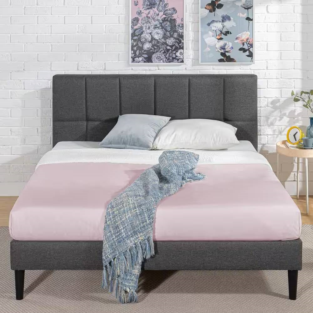 Full size Grey Upholstered Platform Bed Frame with Padded Headboard by HomePacific