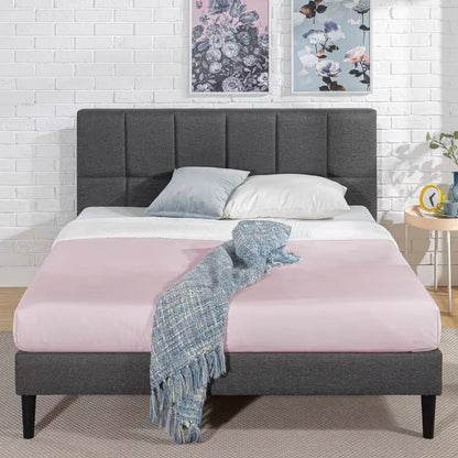 Full size Grey Upholstered Platform Bed Frame with Padded Headboard by HomePacific
