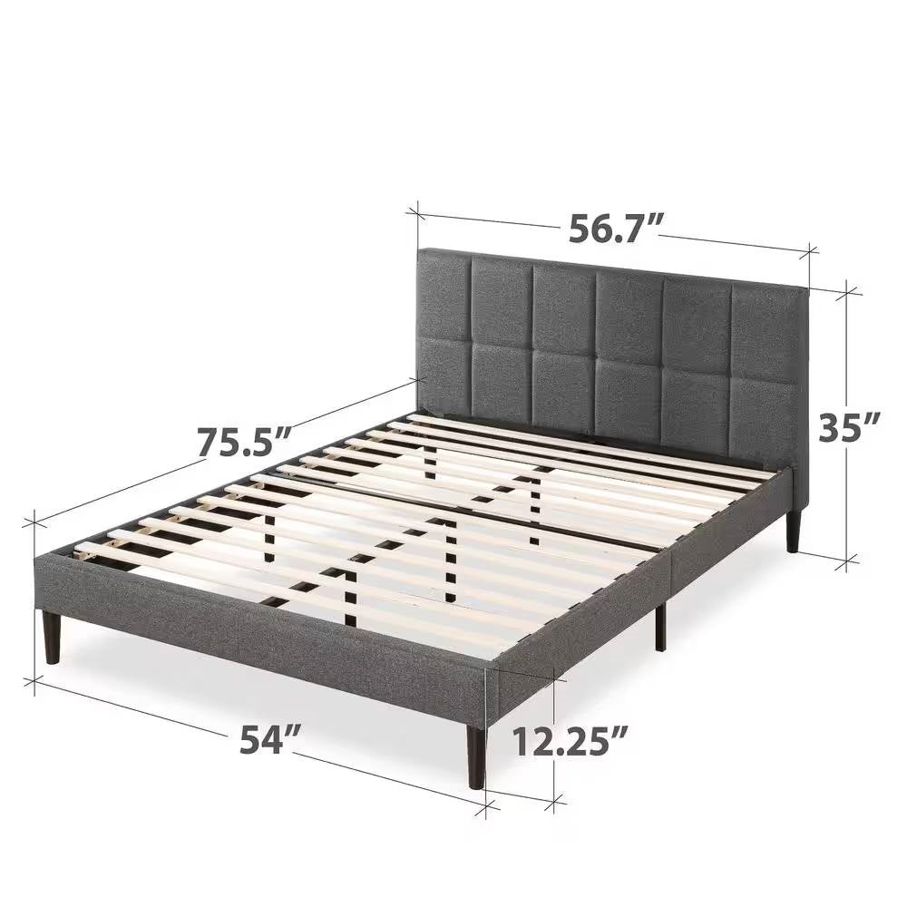 Full size Grey Upholstered Platform Bed Frame with Padded Headboard by HomePacific