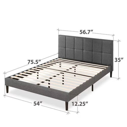Full size Grey Upholstered Platform Bed Frame with Padded Headboard by HomePacific
