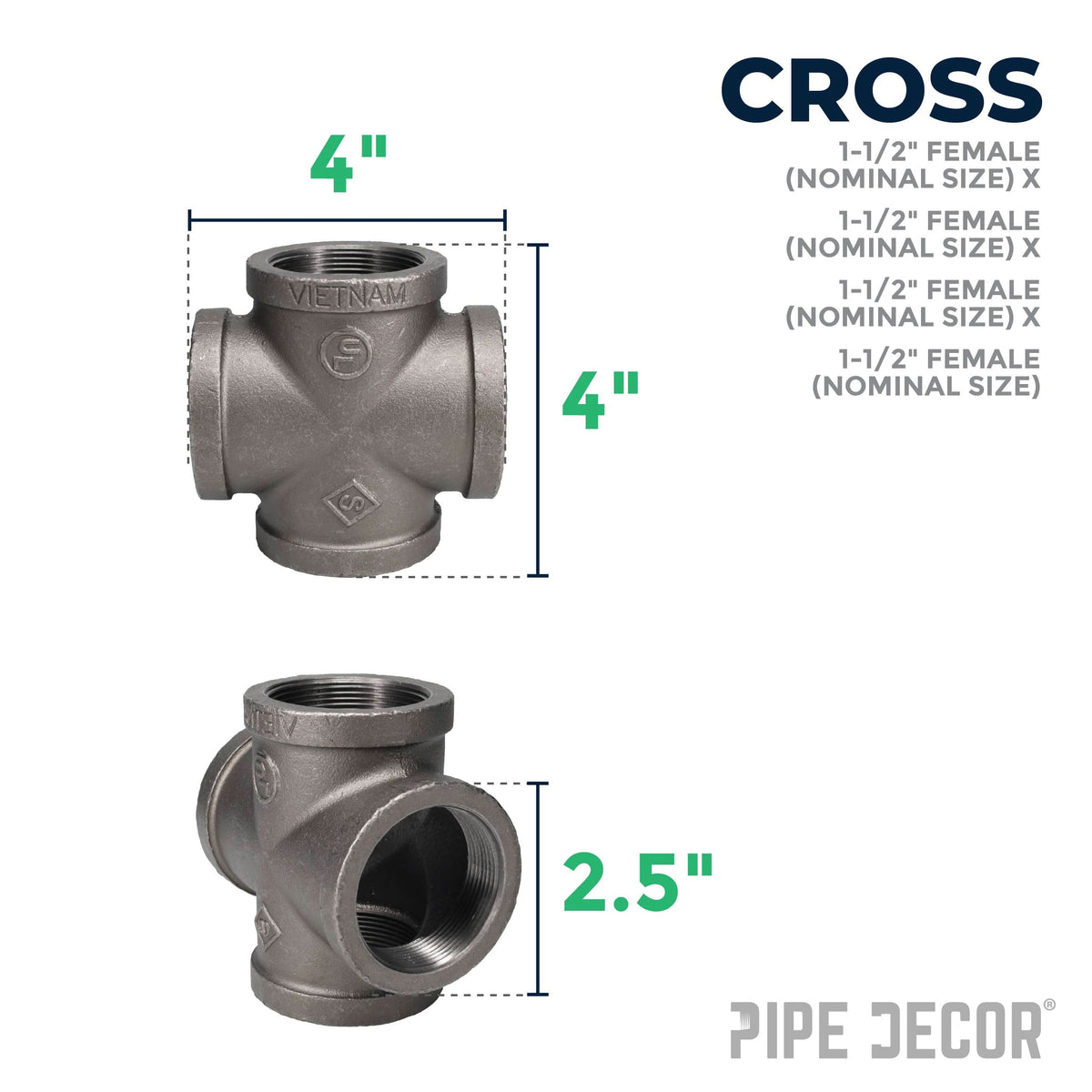 PIPE DECOR 1-1/2 in. black iron cross pipe fitting