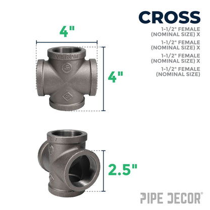 PIPE DECOR 1-1/2 in. black iron cross pipe fitting